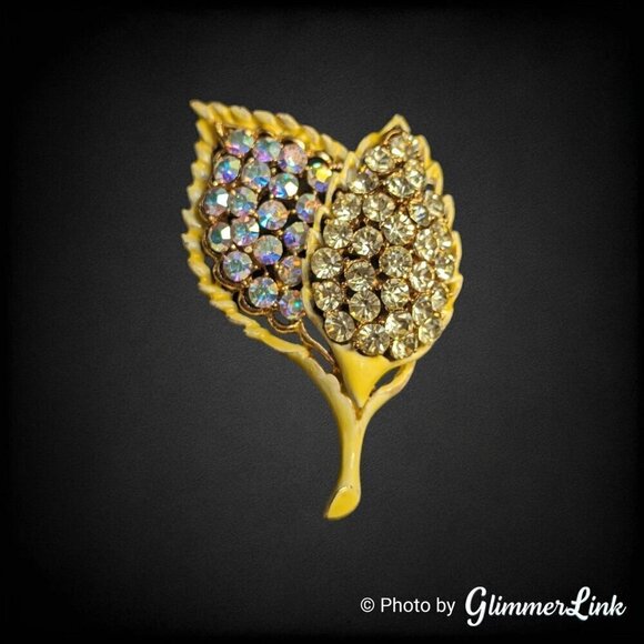 Vintage Aurora Borealis & Light Yellow Rhinestone Enamel Leaves Gold Tone Brooch - Picture 1 of 8